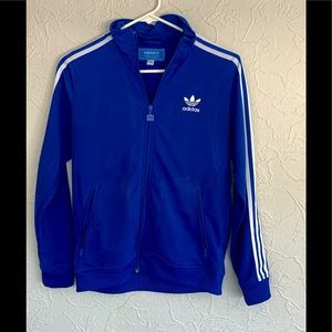 VINTAGE ADIDAS WOMEN ROYAL BLUE TREFOIL FULL ZIP TRACK JACKET SIZE MEDIUM CLEAN
